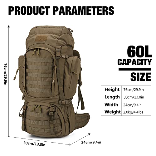 Mardingtop 60L Molle Hiking Internal Frame Backpacks with Rain Cover for Camping,Backpacking,Travelling(Khaki)