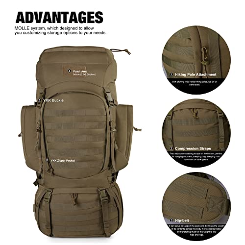 Mardingtop 60L Molle Hiking Internal Frame Backpacks with Rain Cover for Camping,Backpacking,Travelling(Khaki)