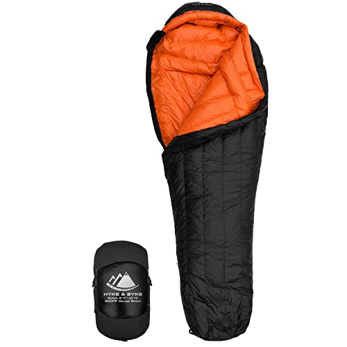 Hyke & Byke Eolus 0 F Hiking & Backpacking Sleeping Bag - 4 Season, 800FP Goose Down Sleeping Bag - Ultralight - Black/Clementine - 78in - Regular