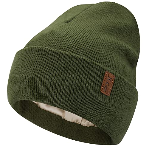 Womens Winter Warm Satin Lined Knit Beanie Hat Slouchy Skull Caps Silk Lining Ski Hats for Women Men Green