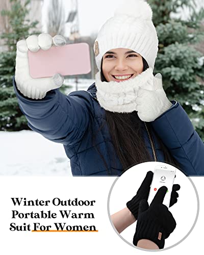 6 Pcs Women Winter Beanie Hat Scarf Touchscreen Gloves Set Knitted Fleece Pom Beanie Hat Neck Warmer Touchscreen Warm Glove for Cold Winter Women, Black and White