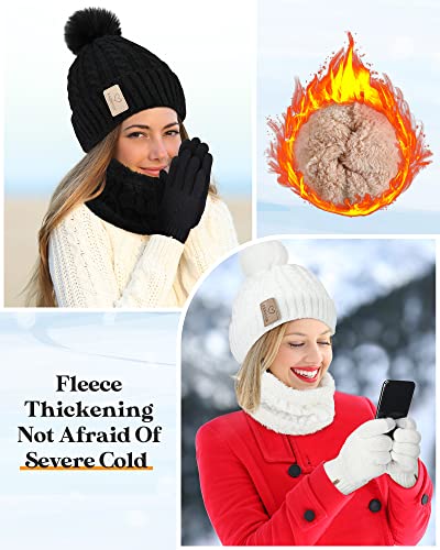 6 Pcs Women Winter Beanie Hat Scarf Touchscreen Gloves Set Knitted Fleece Pom Beanie Hat Neck Warmer Touchscreen Warm Glove for Cold Winter Women, Black and White