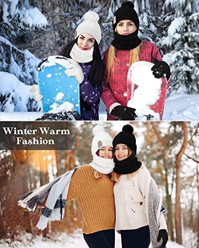 6 Pcs Women Winter Beanie Hat Scarf Touchscreen Gloves Set Knitted Fleece Pom Beanie Hat Neck Warmer Touchscreen Warm Glove for Cold Winter Women, Black and White