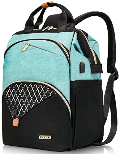 Kuosdaz Laptop Backpack for Women Girls 15.6 Inch Fashion Laptop Bag with USB Charging Port, Wide Open Large Water Resistant Nurse Back Pack, College School Travel Daypack, Black&Green