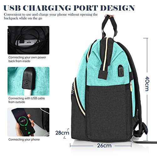 Kuosdaz Laptop Backpack for Women Girls 15.6 Inch Fashion Laptop Bag with USB Charging Port, Wide Open Large Water Resistant Nurse Back Pack, College School Travel Daypack, Black&Green