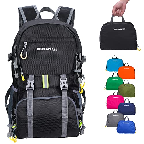 WEREWOLVES Lightweight Waterproof Foldable Small Backpack - Water Resistant Hiking Daypack for Outdoor Camping Travel (35L, Black)