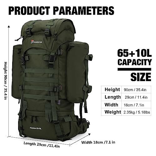 Mardingtop 65+10L Internal Frame Backpack with Rain Cover for Military Camping Hiking Traveling Army Green-M403