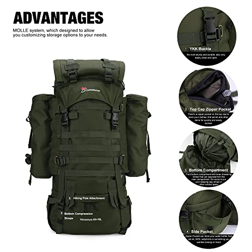 Mardingtop 65+10L Internal Frame Backpack with Rain Cover for Military Camping Hiking Traveling Army Green-M403