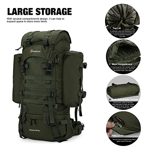 Mardingtop 65+10L Internal Frame Backpack with Rain Cover for Military Camping Hiking Traveling Army Green-M403