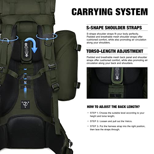 Mardingtop 65+10L Internal Frame Backpack with Rain Cover for Military Camping Hiking Traveling Army Green-M403