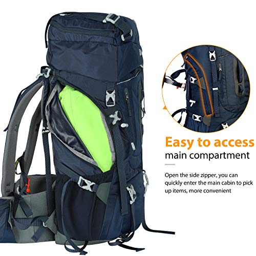Ubon Framed Hiking Backpack 60L Backpack Internal Frame for Adult with Rain Cover Blue