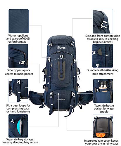 Ubon Framed Hiking Backpack 60L Backpack Internal Frame for Adult with Rain Cover Blue