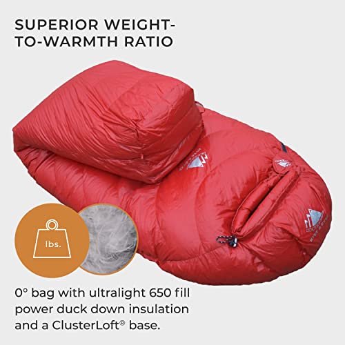 Hyke & Byke Snowmass 0 F Hiking & Backpacking Sleeping Bag - 4 Season, 650FP Duck Down Sleeping Bag - Ultralight - Red - 78in - Regular