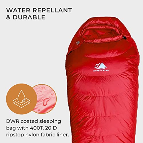 Hyke & Byke Snowmass 0 F Hiking & Backpacking Sleeping Bag - 4 Season, 650FP Duck Down Sleeping Bag - Ultralight - Red - 78in - Regular