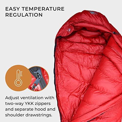 Hyke & Byke Snowmass 0 F Hiking & Backpacking Sleeping Bag - 4 Season, 650FP Duck Down Sleeping Bag - Ultralight - Red - 78in - Regular