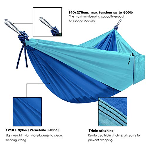 Camping Hammock, Double & Single Portable Hammocks with 2 Tree Straps and Carabiners | Easy Assembly | Lightweight Parachute Nylon Hammocks for Backpacking, Travel, Beach, Hiking (Blue/Sky Blue)