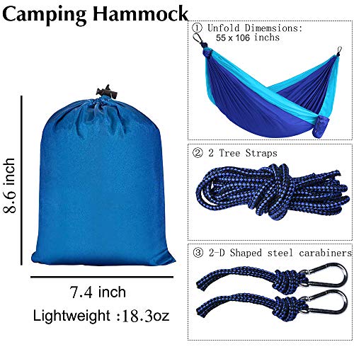 Camping Hammock, Double & Single Portable Hammocks with 2 Tree Straps and Carabiners | Easy Assembly | Lightweight Parachute Nylon Hammocks for Backpacking, Travel, Beach, Hiking (Blue/Sky Blue)