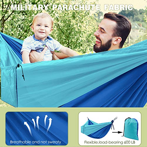Camping Hammock, Double & Single Portable Hammocks with 2 Tree Straps and Carabiners | Easy Assembly | Lightweight Parachute Nylon Hammocks for Backpacking, Travel, Beach, Hiking (Blue/Sky Blue)
