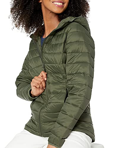 Amazon Essentials Women's Lightweight Long-Sleeve Full-Zip Water-Resistant Packable Hooded Puffer Jacket, Olive, Large