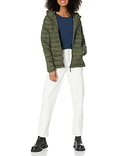 Amazon Essentials Women's Lightweight Long-Sleeve Full-Zip Water-Resistant Packable Hooded Puffer Jacket, Olive, Large