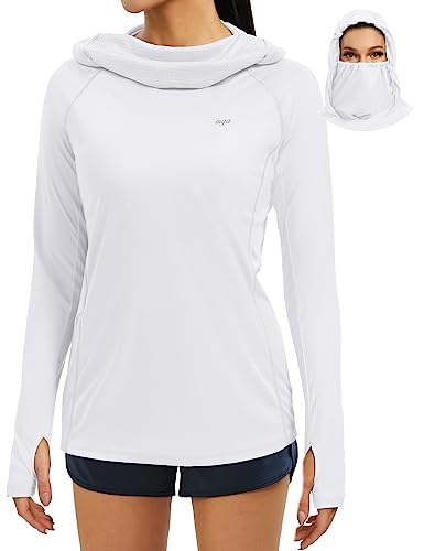 IUGA UPF 50+ Womens Sun Protection Hoodie Shirts with Face Cover Quick Dry SPF/UV Long Sleeve Summer Tops with Pocket Outdoor White