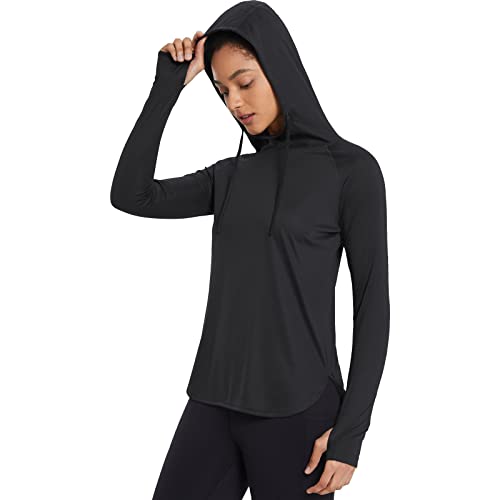 BALEAF Women's UPF 50+ Long Sleeve Hoodie Shirts Sun Protection SPF Hiking Fishing Lightweight Thumbholes Shirt Black S