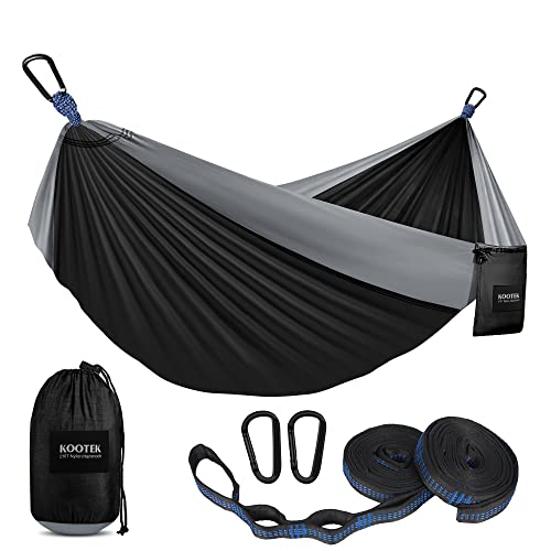 Kootek Camping Hammock Double & Single Portable Hammocks with 2 Tree Straps, Lightweight Nylon Parachute Hammocks for Backpacking, Travel, Beach, Backyard, Patio, Hiking (Black & Grey, Large)