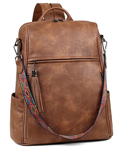 FADEON Laptop Backpack Purse for Women Large Designer PU Leather Laptop Bag, Ladies College Book Bag Shoulder Bags