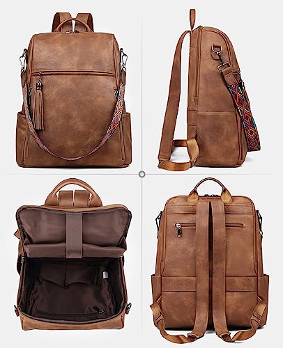 FADEON Laptop Backpack Purse for Women Large Designer PU Leather Laptop Bag, Ladies College Book Bag Shoulder Bags