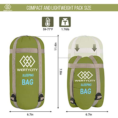 WERTYCITY Warm Weather Camping Sleeping Bag - 3 Season, Summer, Spring, Fall, Lightweight, Waterproof for Adults & Kids - Camping Gear Equipment, Traveling, and Outdoors(Army Green)