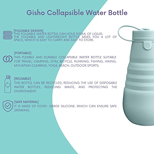 Gisho Collapsible Water Bottle - Foldable Silicone Water Bottle, Flexible Silicone BPA Free, Travel Water Bottle, Outdoor Portable Water Bottle, Hiking Bottle Water 17oz/500ml (Mint Green)