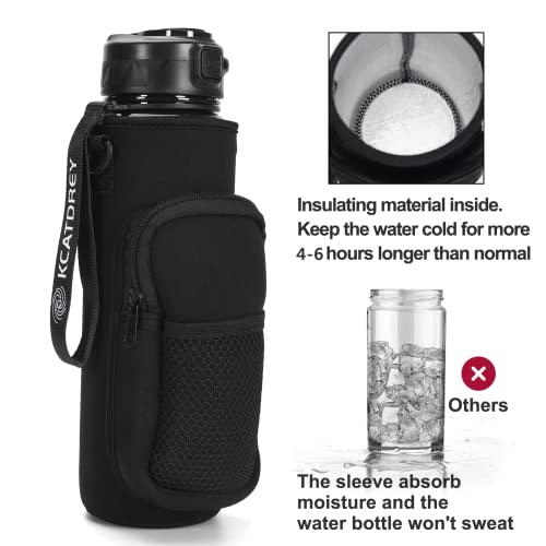KCATDREY 32 oz Water Bottle with Sleeve and 2 Lids Motivational BPA Free Leakproof Bottle with Shoulder Strap, for Gym, Hiking, Travel, Fitness (Black)
