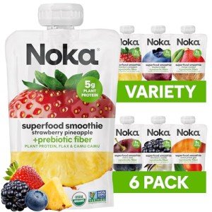 Noka Superfood Fruit Smoothie Pouches, Healthy Snacks (Variety Pack of 6), Vegan, Gluten-Free, with Flax Seed, Prebiotic Fiber & Plant Protein, Organic Squeeze Pouch 4.22oz Each