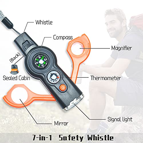 CSGTSWGS 7-in-1 Safety Whistle (2 PCS) Emergency Whistles Hiking Essentials, Outdoor Multifunctional Tools Survival Whistle and a Mini Flashlight for Camping Climbing Hiking Exploring Hunting Fishing