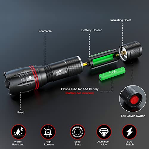 HAUSBELL LED Flashlight 2Pack Bright, Zoomable Tactical T6 LED Flashlights Flash Light with High Lumens and 5 Modes and Camping Accessories（2Pack）