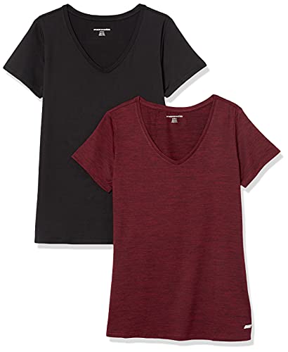Amazon Essentials Women's Tech Stretch Short-Sleeve V-Neck T-Shirt (Available in Plus Size), Pack of 2, Burgundy/Black, Space Dye, X-Large