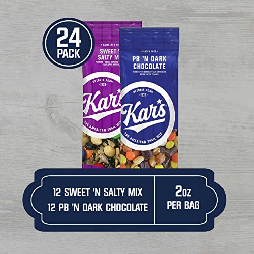 Kar's Nuts Trail Mix Variety Pack, Sweet ‘N Salty and Peanut Butter ‘N Dark Chocolate, Individually Wrapped, Gluten-Free Snack Mix, 24 Count