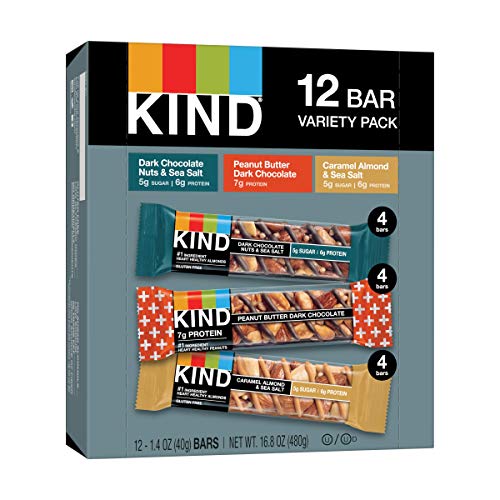 KIND Bars, Variety Pack, Dark Chocolate Nuts and Sea Salt, Peanut Butter Dark Chocolate, Caramel Almond Sea Salt, Healthy Snacks, Gluten Free, Low Sugar, 12 Count