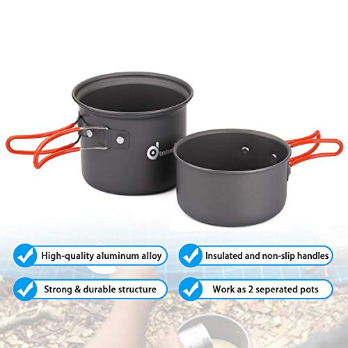 Odoland 6pcs Camping Cookware Mess Kit with Lightweight Pot, Stove, Spork and Carry Mesh Bag, Great for Backpacking Outdoor Camping Hiking and Picnic
