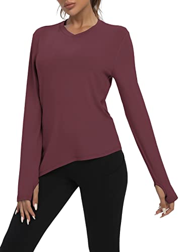 Bestisun Women Workout Tops Long Sleeve Side Tie Tee Shirts Hiking Shirts for Women Thumb Hole Long Sleeve Yoga Gym Tennis Tops Loose Fit Wine Red L
