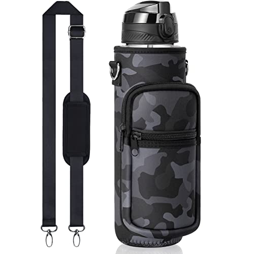 32 oz Water Bottle with Sleeve - BPA Free Leakproof Sport Large 1L Plastic Gym Motivational Water Bottle with Straw & Strap & Insulated Neoprene Holder Carrier Bag Great Gift for Kids Women Men
