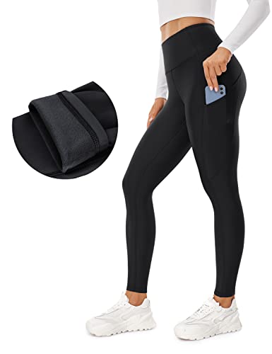 CRZ YOGA Thermal Fleece Lined Leggings Women 28'' - Winter Warm High Waisted Hiking Pants with Pockets Workout Running Tights Black X-Small