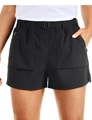 CRZ YOGA Women's Waterproof Stretch Hiking Shorts: Mid Rise Summer Outdoor Golf Workout Shorts Zip Pockets with Belt - 3'' Black Medium