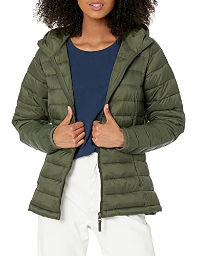 Amazon Essentials Women's Lightweight Long-Sleeve Full-Zip Water-Resistant Packable Hooded Puffer Jacket, Olive, Large