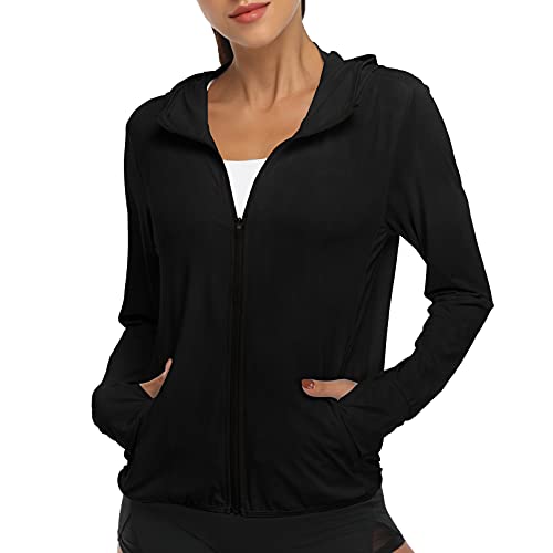 Women's UPF 50+ UV Sun Protection Jacket Full Zip Hoodies Lightweight Hiking Long Sleeve Shirts Outdoor Performance with Pockets Y63-Black-M