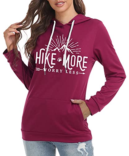 Women Hiking Hoodies Athletic Fall Seatshirt Funny Graphic Long Sleeve Workout Hike More Worry Less Letter Printed Tee Tops, Purple M