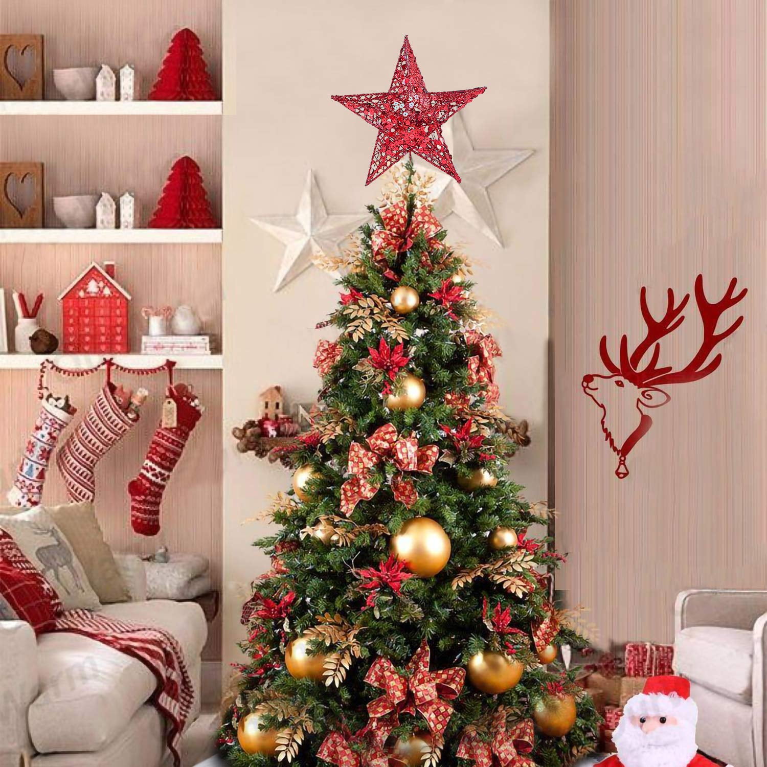 Glittered Christmas Tree Star Topper - Red