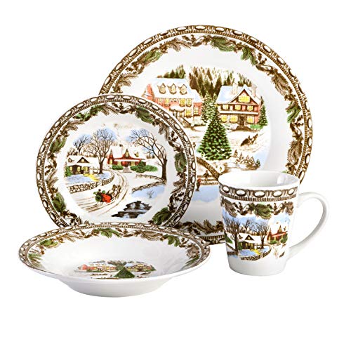 Gibson Home Christmas Toile 16 Piece Dinnerware Set, Multicolor -