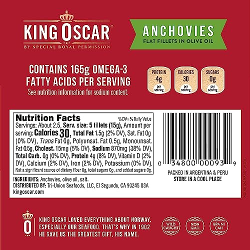 King Oscar Flat Anchovies, Non-GMO, Kosher, Gluten-Free, 2 oz Can (Pack of 3)