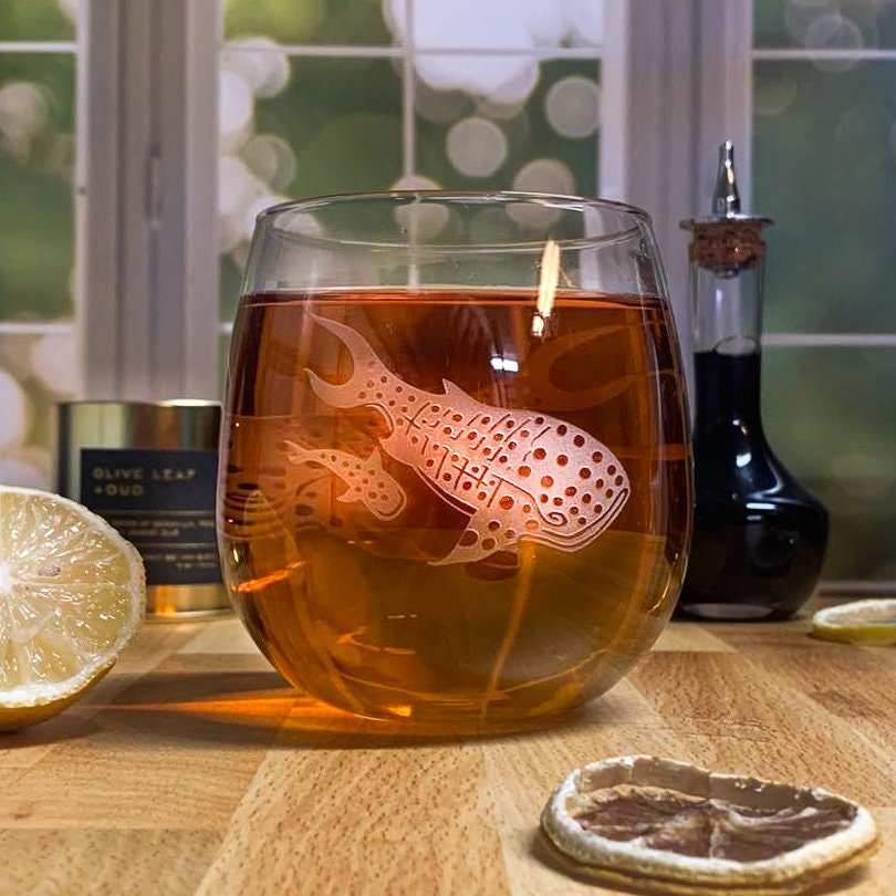 Whale Sharks Etched Stemless Wine Glass